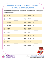 Converting Decimal Numbers to Mixed Fractions - Worksheet no.3