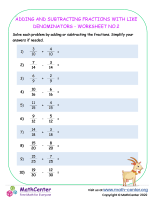 Adding and Subtracting Fractions with Like Denominators - Worksheet no.2