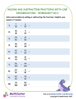 Adding and Subtracting Fractions with Like Denominators - Worksheet no.3