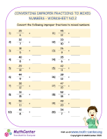 Converting Improper Fractions to Mixed Numbers - Worksheet no.2