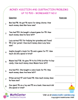 Money Addition and subtraction problems up to 20 - worksheet No.2