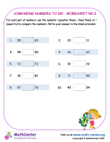 Comparing Numbers To 100 - Worksheet No.3