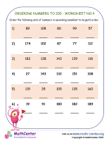 Ordering Numbers To 200 - Worksheet No.4