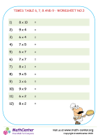 Times table 6, 7, 8 and 9 - worksheet no.3