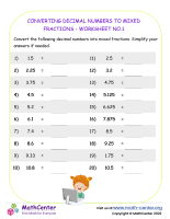 Converting Decimal Numbers to Mixed Fractions - Worksheet no.1