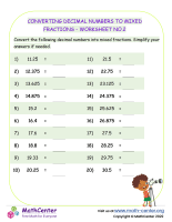 Converting Decimal Numbers to Mixed Fractions - Worksheet no.2