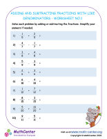 Adding and Subtracting Fractions with Like Denominators - Worksheet no.1