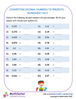 Converting Decimal Numbers to Percents - Worksheet no.2