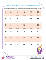 Ordering Numbers To 100 - Worksheet No.4