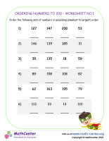 Ordering Numbers To 200 - Worksheet No.1