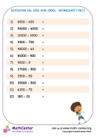 Dividing 10s, 100s and 1000s - worksheet no.1