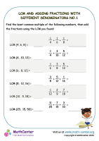 LCM and adding fractions with different denominators - Worksheet No.1