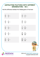 Subtracting Fractions (different denominators) - Worksheet No.1