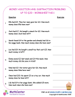 Money Addition and subtraction problems up to 20 - worksheet No.1