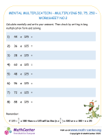Mental Multiplication - Multiplying 50, 75, 250 - Worksheet 2