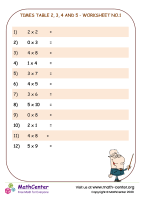 Times table 2, 3, 4 and 5 - worksheet no.1