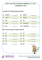 Read and write Roman Numerals to 100 - worksheet no.1