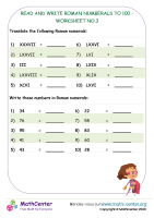 Read and write Roman Numerals to 100 - worksheet no.3