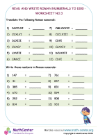 Read and write Roman Numerals to 1000 - worksheet no.3