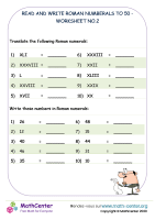 Read and write Roman Numerals to 50 - worksheet no.2