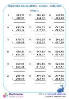 Suma en columnas - Dinero Euro 4 Dígitos - Hoja 2