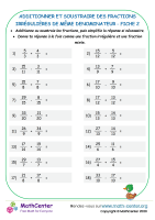 Additionner et soustraire des fractions irrégulières avec des dénominateurs similaires fiche 2