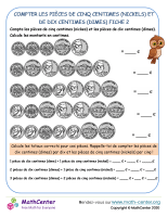 Compter les pièces de cinq centimes (nickels) et de dix centimes (dimes) fiche 2