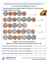 Compter les pièces de cinq centimes (nickels) et d'un centime (pennies) fiche 3