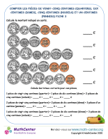 Compter les pièces de vingt-cing centimes (quarters), dix centimes (dimes), cinq centimes (nickels) et un centime (pennies) fiche 3