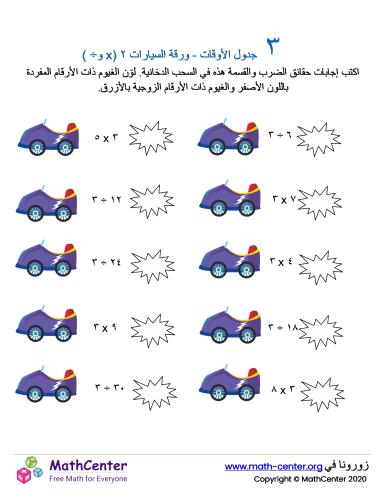 جدول ضرب العدد ٣ - ورقة السيارات ٢ (÷ و ×)