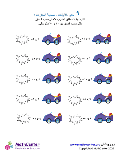 جدول ضرب العدد ٩ - ورقة السيارات ١