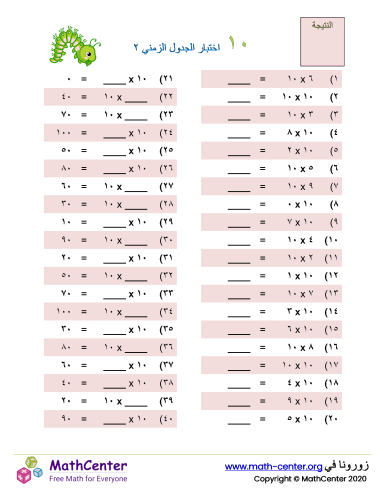 جدول ضرب العدد ١٠ اختبار ٢