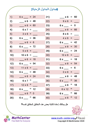 جدول ضرب الرقم 6 ورقة 2