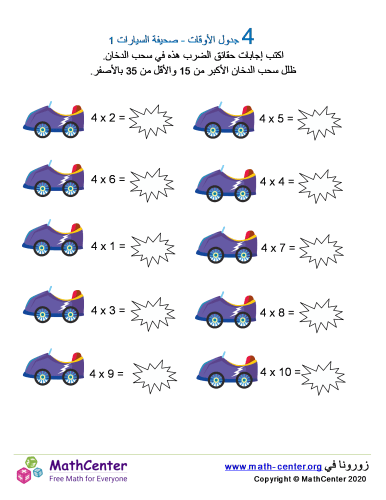 جدول ضرب العدد 4 - ورقة السيارات 1