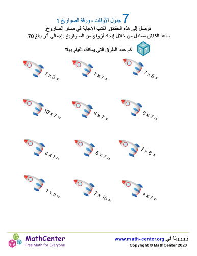 جدول ضرب العدد 7 - ورقة الصواريخ 1