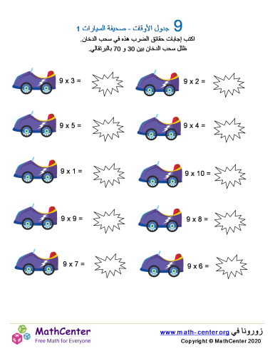 جدول ضرب العدد 9 - ورقة السيارات 1