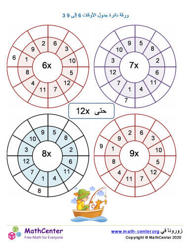 دائرة جداول الضرب لـ 6 حتى 9 ورقة 3