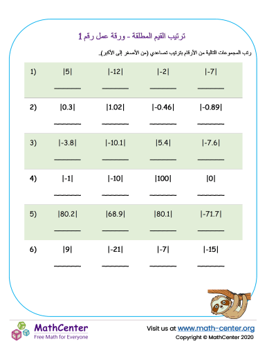 ترتيب القيم المطلقة - ورقة عمل رقم 1
