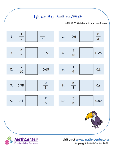 مقارنة الأعداد النسبية - ورقة عمل رقم 1