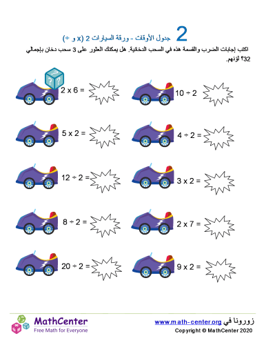 جدول ضرب العدد 2 - ورقة السيارات 2 (÷ و ×)