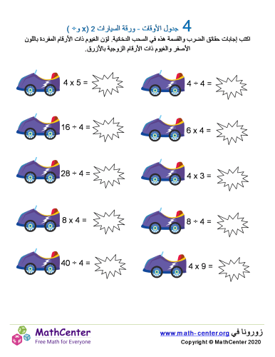 جدول ضرب العدد 4 - ورقة السيارات 2 (÷ و ×)