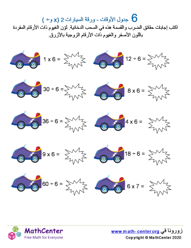 جدول ضرب العدد 6 - ورقة السيارات 2 (÷ و ×)