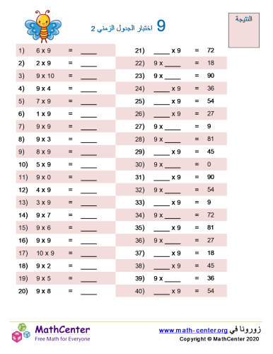 جدول ضرب العدد 9 اختبار 2