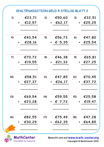 Spaltenaddition Euro Geld 4 Stellig Blatt 2