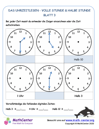 Das Uhrzeitlesen - Volle Stunde & Halbe Stunde Blatt 3