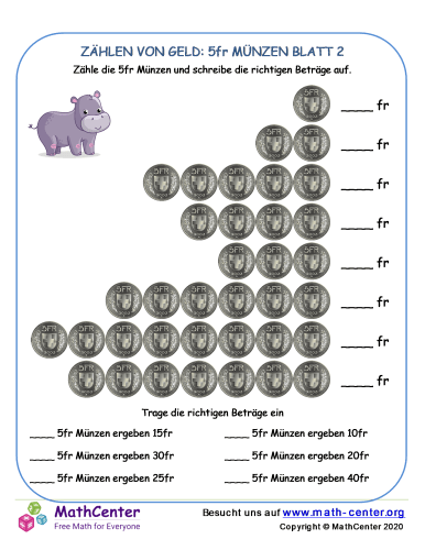 Zählen Von Geld: 5Fr Münzen Blatt 2