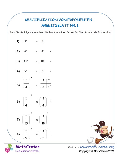 Multiplikation Von Exponenten - Arbeitsblatt Nr. 1