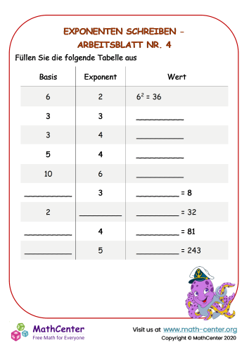 Exponenten Schreiben - Arbeitsblatt Nr. 4