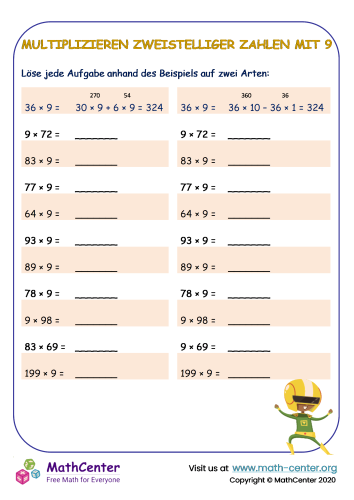 Kopfrechnen - Multiplizieren Zweistelliger Zahlen Mit 9 Nr. 1