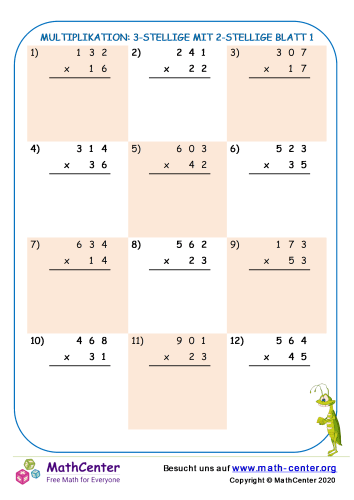Multiplikation: 3-Stellige Mit 2-Stellige Blatt 1